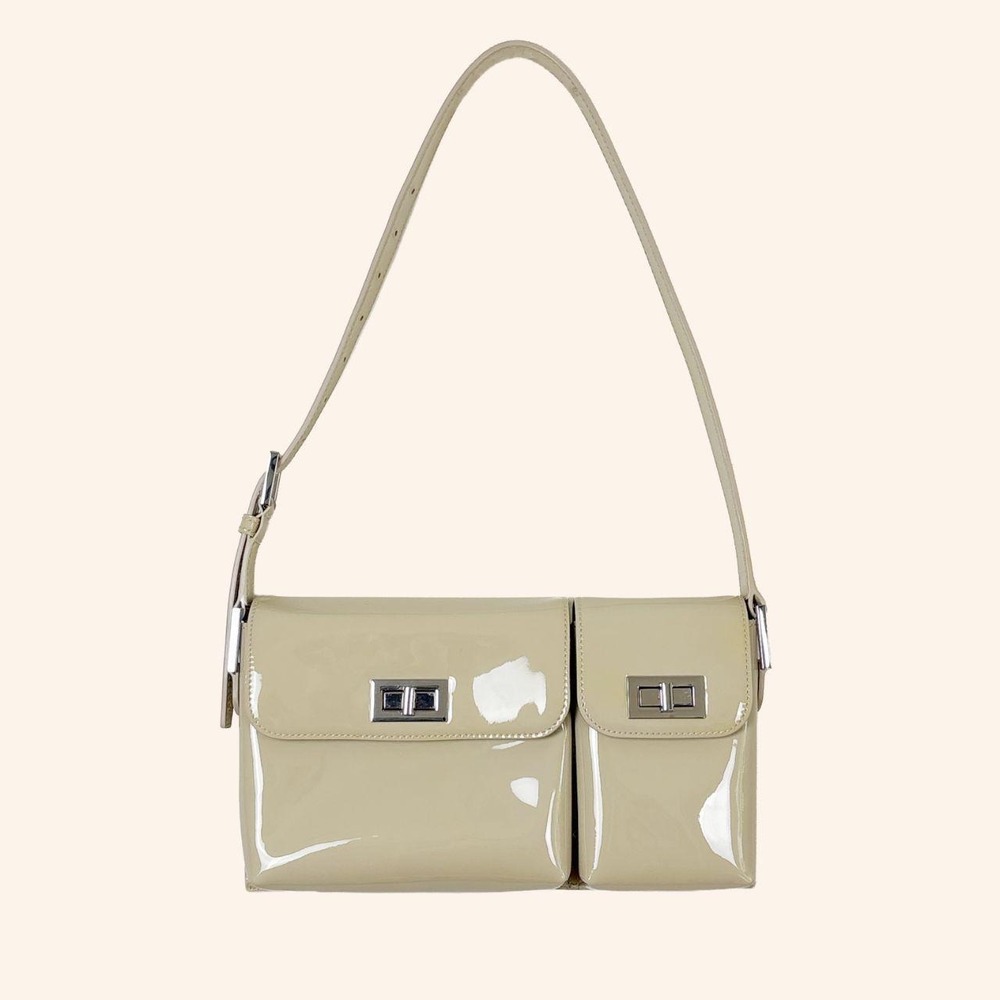 BY FAR Billy Taupe Patent Leather Shoulder Bag